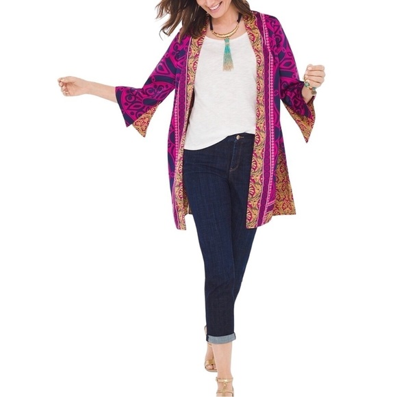 Chico’s women’s Reversible Kimono art to wear artsy pink/ mustard - Picture 2 of 14